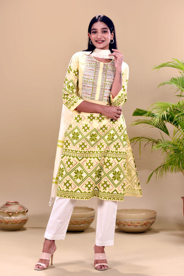 Lemon Yellow Joysree Silk Printed & Embroidered Salwar Kameez Set